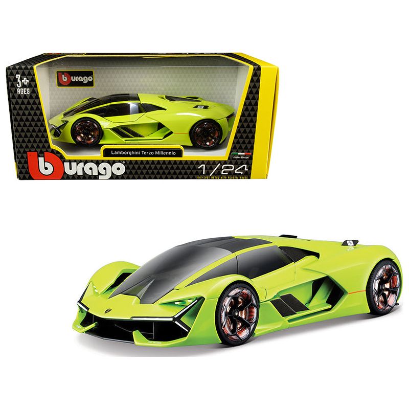 Lamborghini Terzo Millennio Lime Green with Black Top and Carbon Accents 1/24 Diecast Model Car by Bburago