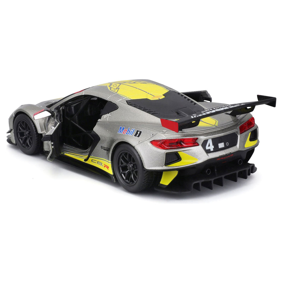 2020 Chevrolet Corvette C8.R #4 Silver Metallic with Yellow Stripes "Race" Series 1/24 Diecast Model Car by Bburago