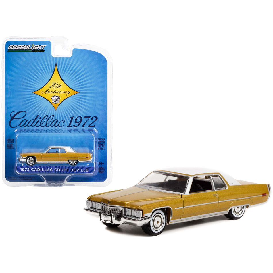 1972 Cadillac Coupe DeVille Gold Metallic with White Top "Cadillac 70th Anniversary" "Anniversary Collection" Series 14 1/64 Diecast Model Car by Greenlight