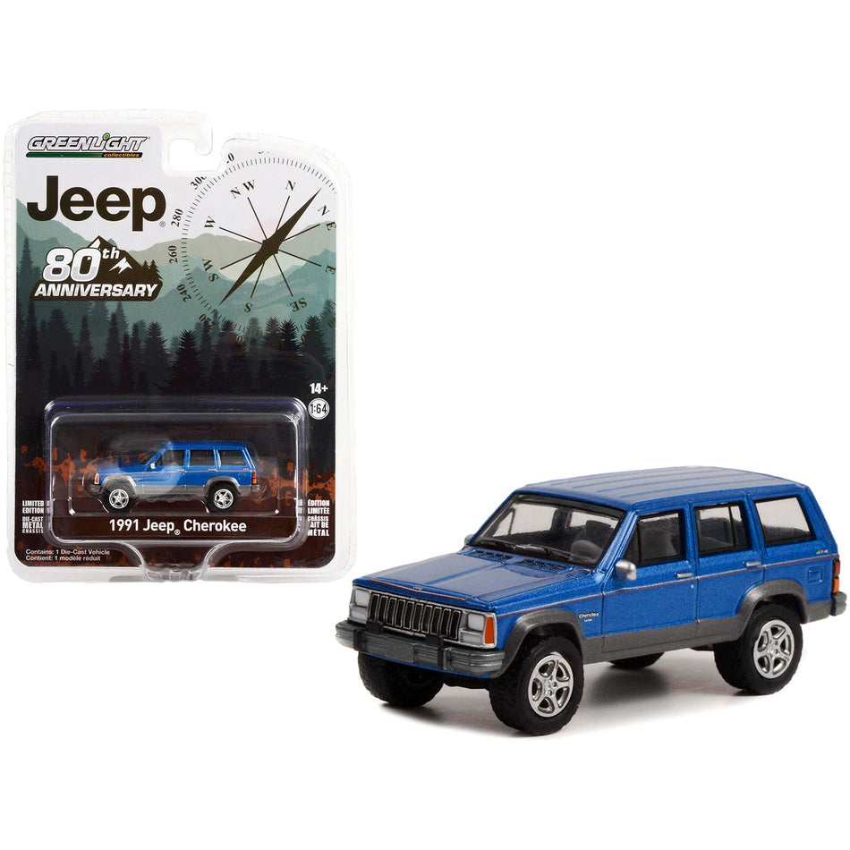 1991 Jeep Cherokee Blue Metallic with Red Stripes "Jeep 80th Anniversary Edition" "Anniversary Collection" Series 14 1/64 Diecast Model Car by Greenlight