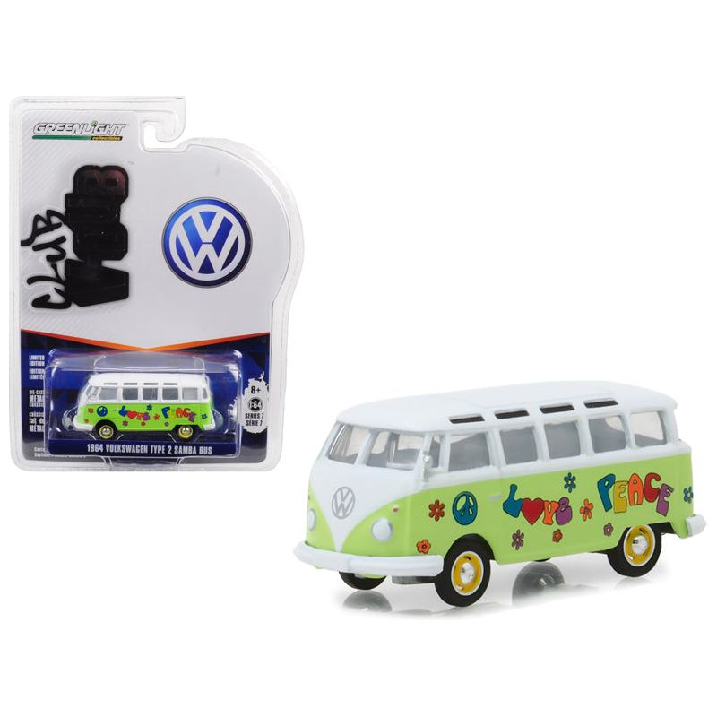 1964 Volkswagen Type 2 Samba Bus Hippie "Peace and Love" Light Green with Top Series 7 Club Vee Dub 1/64 Diecast Model Car by Greenlight