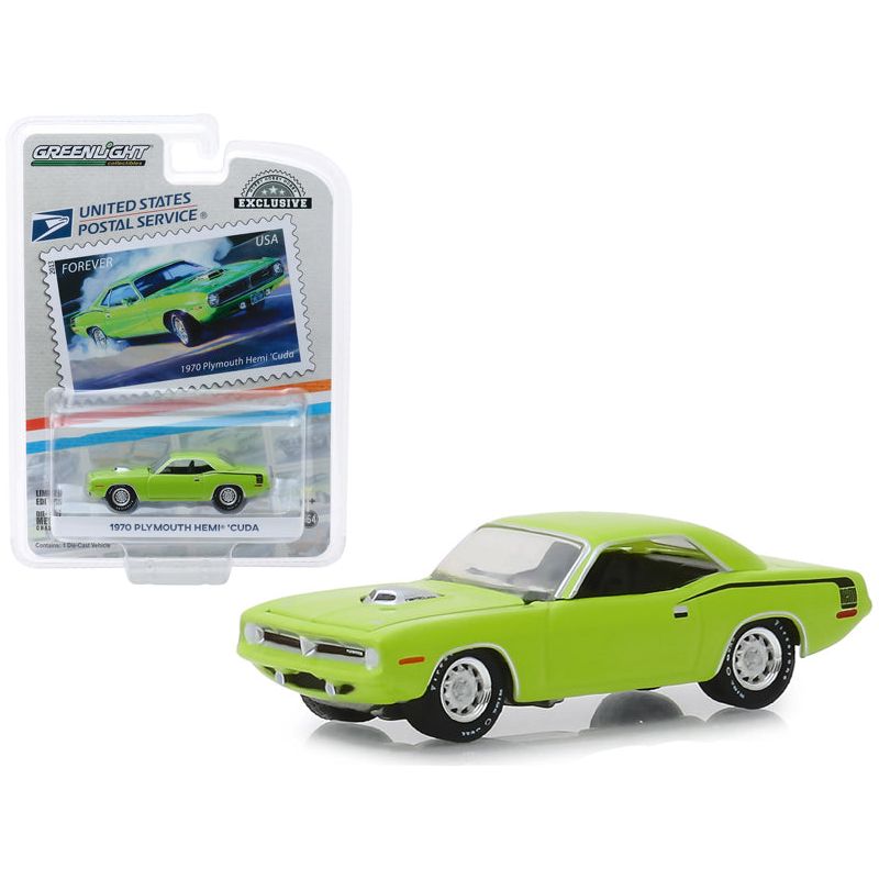 1970 Plymouth HEMI 'Cuda Lime Green "USPS Stamps" (2013) (United States Postal Service) "America on the Move: Muscle Cars" "Hobby Exclusive" 1/64 Diecast Model Car by Greenlight