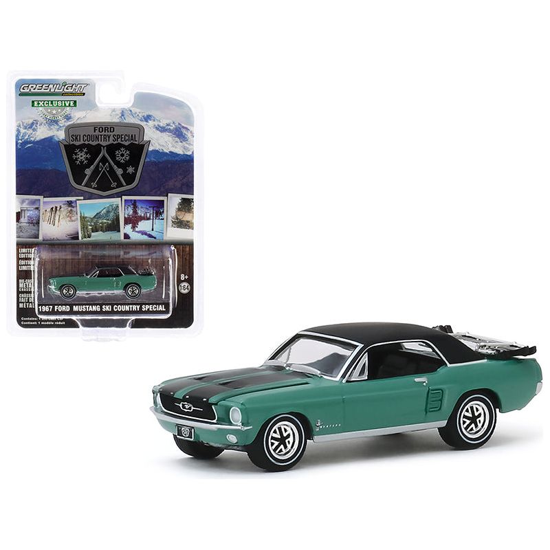 1967 Ford Mustang Coupe Loveland Green Metallic with Black Stripes and Black Top and a Pair of Skis "Ski Country Special" "Hobby Exclusive" 1/64 Diecast Model Car by Greenlight