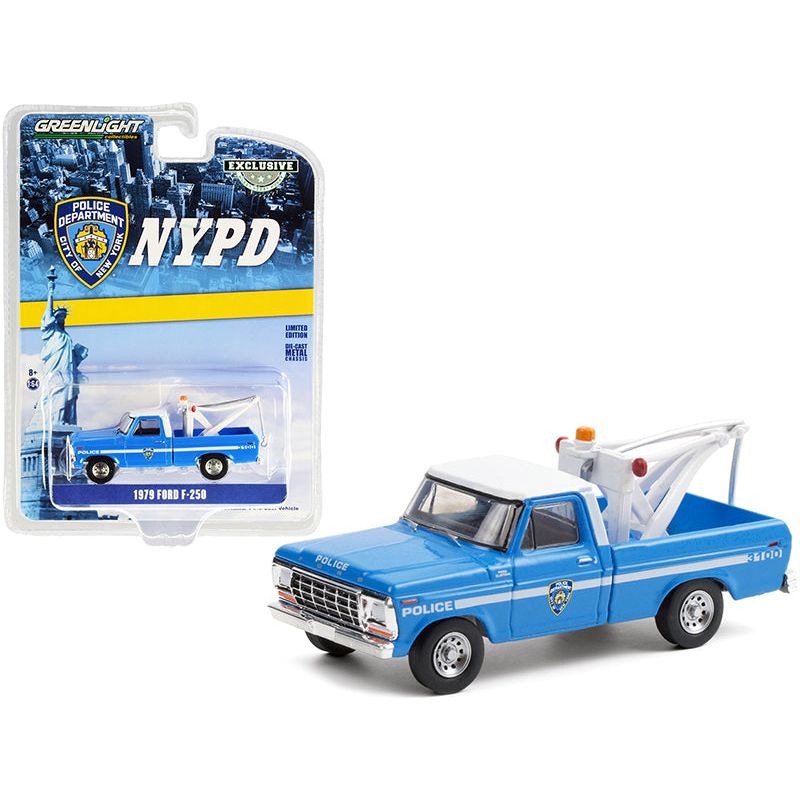 1979 Ford F-250 Tow Truck with Drop-In Tow Hook Blue with White Top "New York City Police Dept." (NYPD) "Hobby Exclusive" 1/64 Diecast Model Car by Greenlight