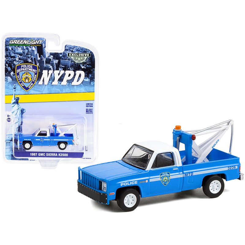 1987 GMC Sierra K2500 Tow Truck with Drop in Tow Hook Blue with White Top "New York City Police Dept" (NYPD) "Hobby Exclusive" 1/64 Diecast Model Car by Greenlight