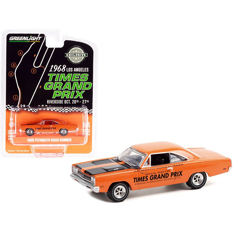 1969 Plymouth Road Runner Orange with Black Stripes Official Pace Car "1968 Los Angeles Times Grand Prix" at Riverside International Raceway "Hobby Exclusive" 1/64 Diecast Model Car by Greenlight