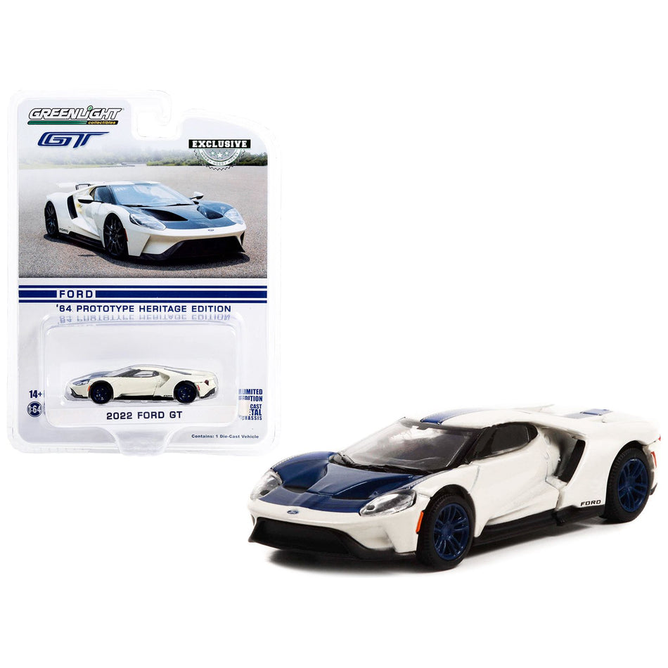 2022 Ford GT "1964 Prototype Heritage Edition" White Metallic with Blue Hood and Stripe "Hobby Exclusive" Series 1/64 Diecast Model Car by Greenlight