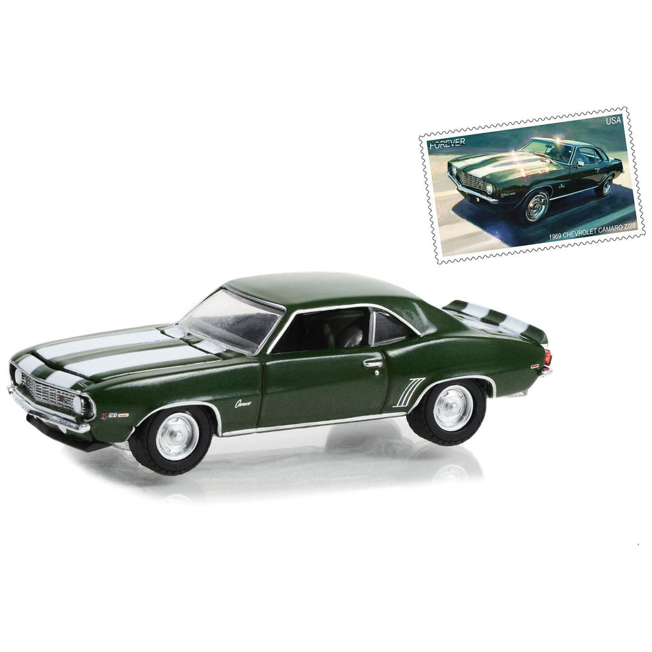 1969 Chevrolet Camaro Z/28 Green Metallic with White Stripes USPS (United States Postal Service) "2022 Pony Car Stamp Collection by Artist Tom Fritz" "Hobby Exclusive" Series 1/64 Diecast Model Car by Greenlight