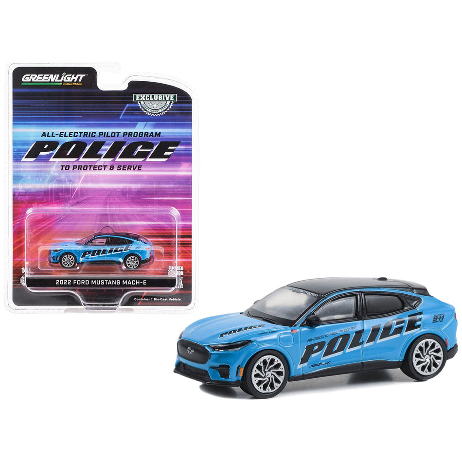 2022 Ford Mustang Mach-E Police Blue with Black Top "All-Electric Pilot Program Vehicle" "Hobby Exclusive" Series 1/64 Diecast Model Car by Greenlight