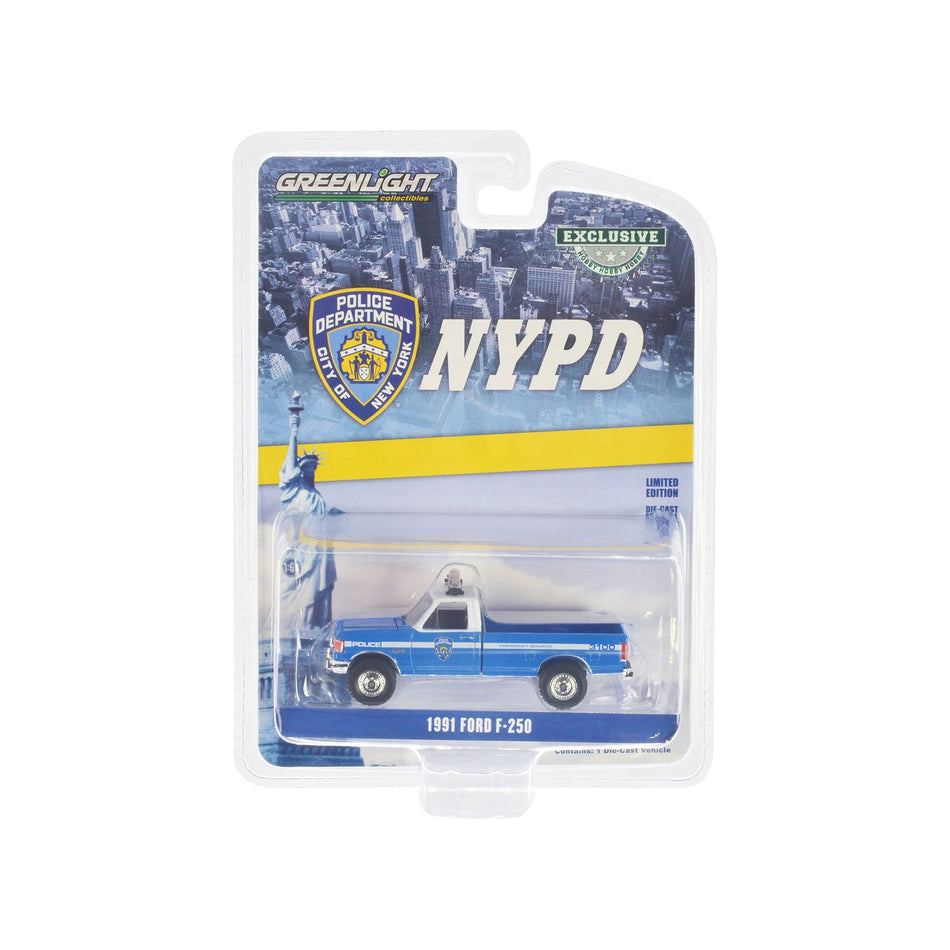 1991 Ford F-250 Pickup Truck Blue and White "NYPD (New York City Police Department) Emergency Services" "Hobby Exclusive" Series 1/64 Diecast Model Car by Greenlight