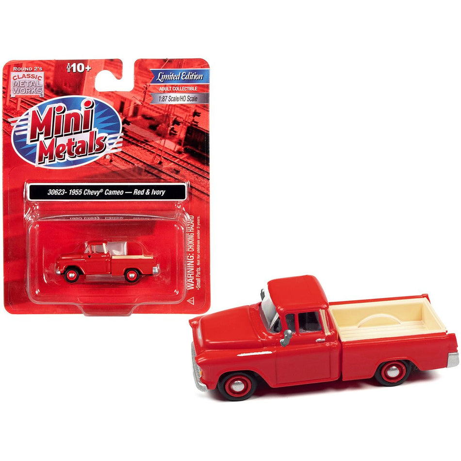 1955 Chevrolet Cameo Pickup Truck Red and Ivory 1/87 (HO) Scale Model Car by Classic Metal Works