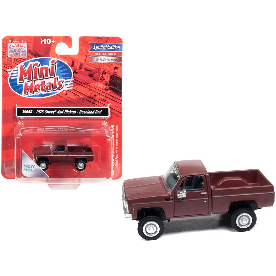 1975 Chevrolet 4x4 Pickup Truck Roseland Red 1/87 (HO) Scale Model Car by Classic Metal Works