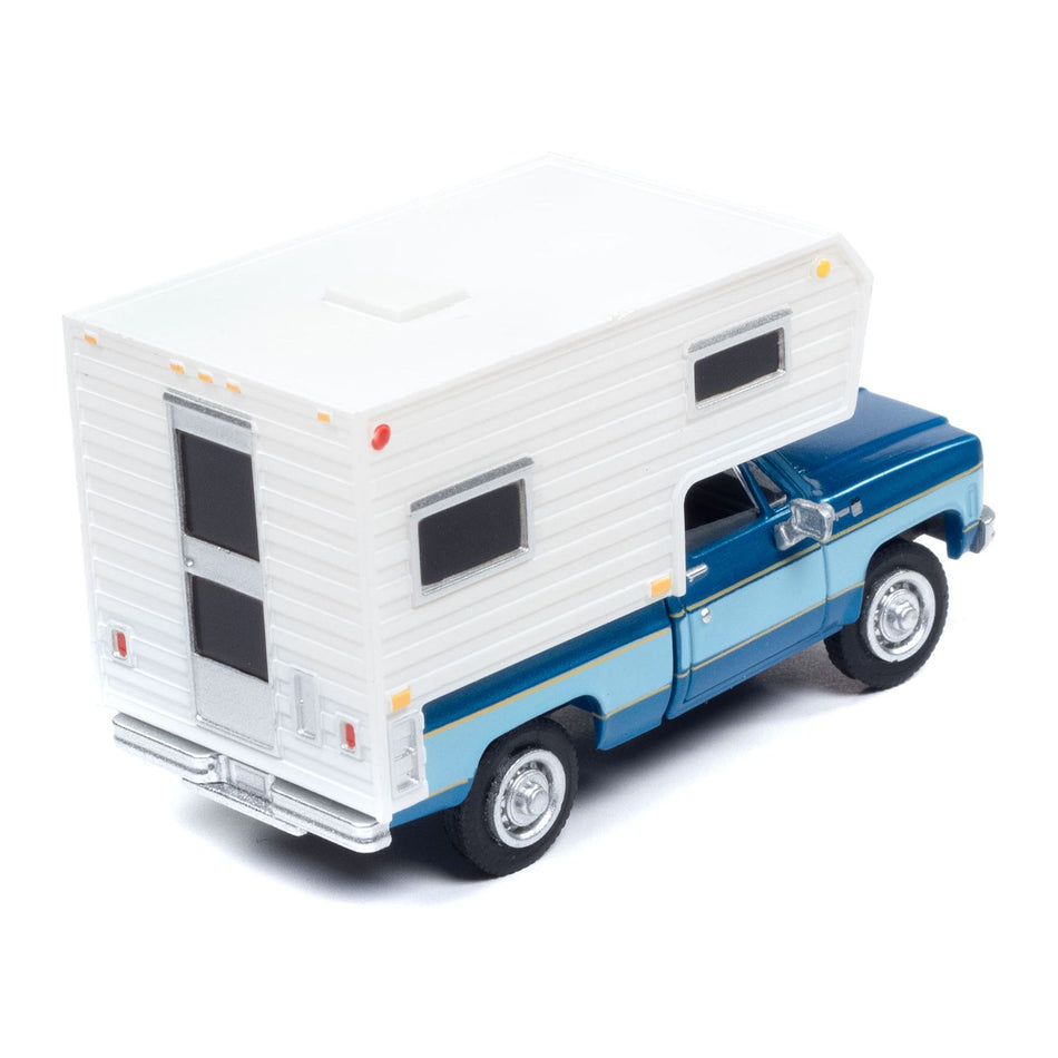 1977 Chevrolet Fleetside Pickup Truck with Camper Blue Metallic and Light Blue "Mini Metals" Series 1/87 (HO) Scale Model Car by Classic Metal Works