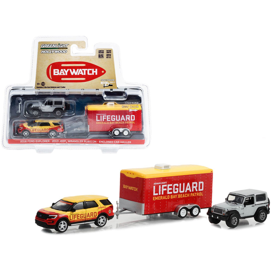 2016 Ford Explorer "Emerald Bay Beach Patrol Lifeguard" Yellow and Red with 2013 Jeep Wrangler Rubicon Gray and Enclosed Car Hauler "Baywatch" (2017) Movie "Hollywood Hitch & Tow" Series 11 1/64 Diecast Model Cars by Greenlight