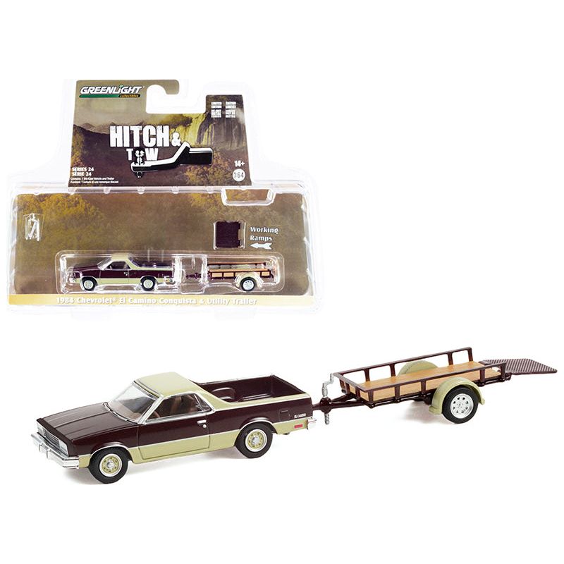 1984 Chevrolet El Camino Conquista Maroon Metallic and Beige with Utility Trailer "Hitch & Tow" Series 24 1/64 Diecast Model Car by Greenlight