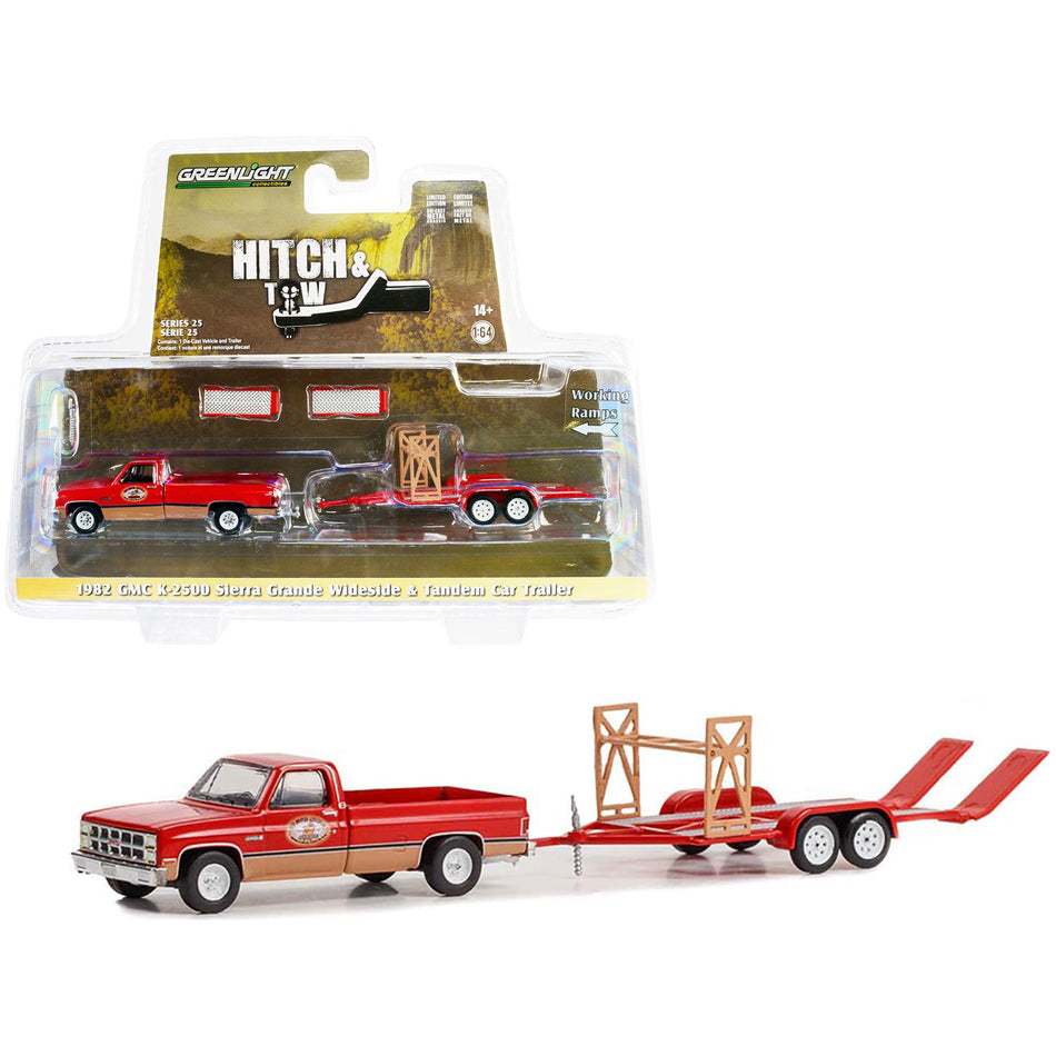 1982 GMC K-2500 Sierra Grande Wideside Pickup Truck Red and Beige with Black Stripes "Busted Knuckle Garage" and Tandem Car Trailer "Hitch & Tow" Series 25 1/64 Diecast Model Car by Greenlight