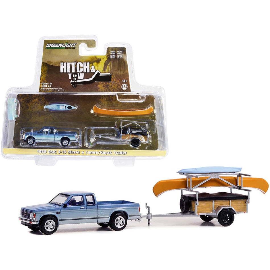 1988 GMC S-15 Sierra Pickup Truck Blue Metallic and White with Stripes and Canoe Trailer and Canoe Rack with Canoe and Kayak "Hitch & Tow" Series 25 1/64 Diecast Model Car by Greenlight