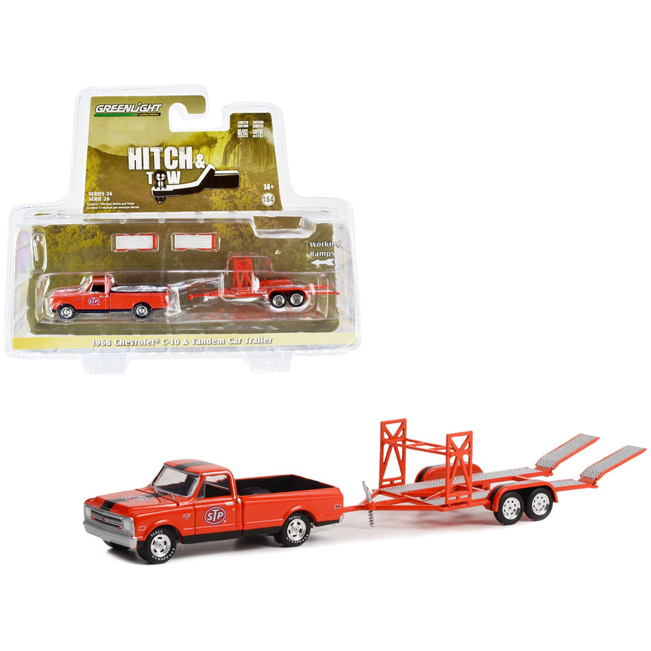 1968 Chevrolet C-10 Pickup Truck Orange with Black Stripes with Black Bed Cover and Tandem Car Trailer "STP" "Hitch & Tow" Series 26 1/64 Diecast Model Car by Greenlight