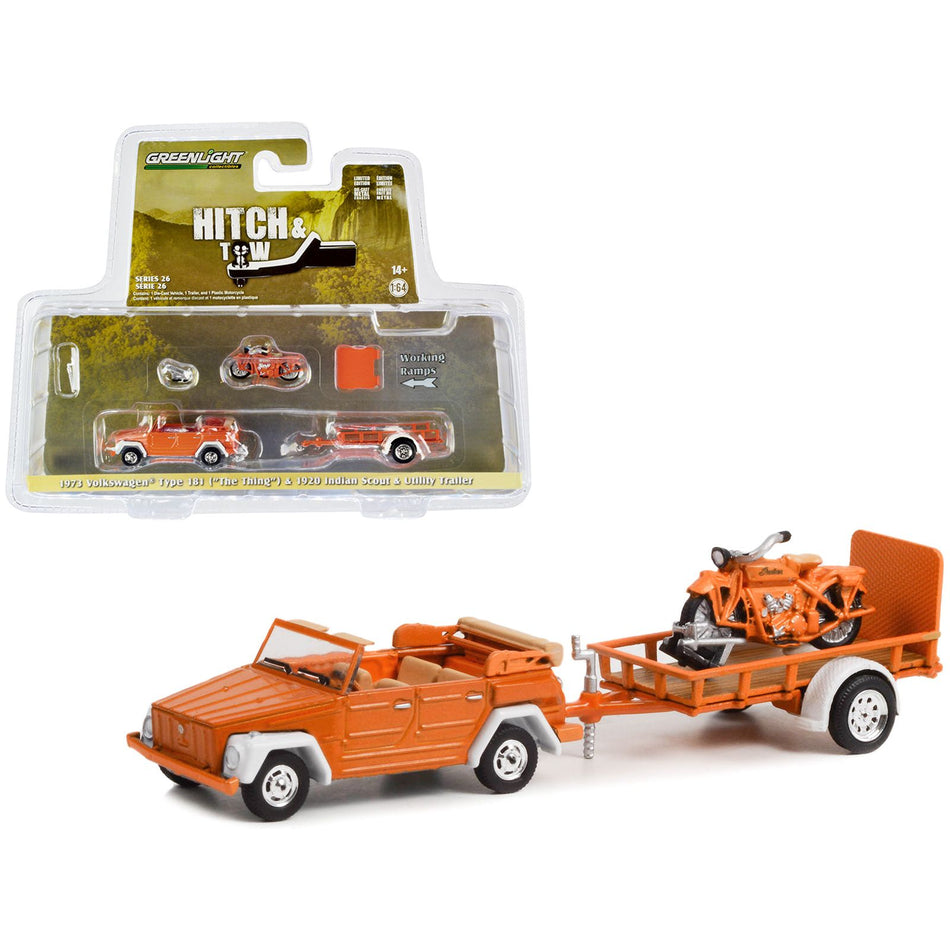 1973 Volkswagen Thing (Type 181) Convertible Orange and 1920 Indian Scout Motorcycle Orange with Utility Trailer "Hitch & Tow" Series 26 1/64 Diecast Model Car by Greenlight