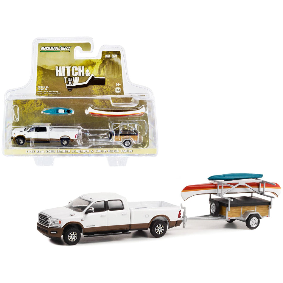 2022 Ram 2500 Limited Longhorn Pickup Truck Bright White and Walnut Brown and Canoe Trailer with Canoe Rack Canoe and Kayak "Hitch & Tow" Series 26 1/64 Diecast Model Car by Greenlight