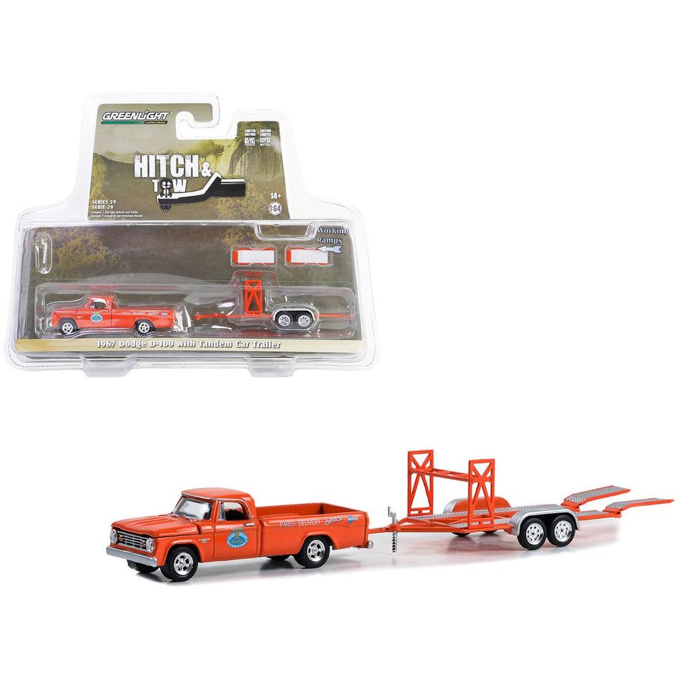 1967 Dodge D-100 Pickup Truck Orange and Tandem Car Trailer "Mr. Norm's Grand Spaulding Dodge" "Hitch & Tow" Series 29 1/64 Diecast Model Car by Greenlight