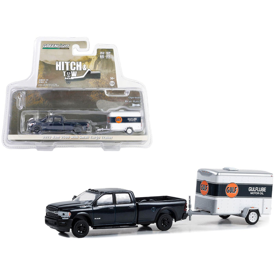 2023 Ram 2500 Pickup Truck Dark Blue Metallic and Small Cargo Trailer "GulfLube Motor Oil" "Hitch & Tow" Series 29  1/64 Diecast Model Car by Greenlight