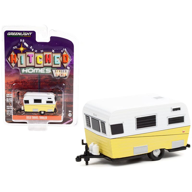 1959 Siesta Travel Trailer White and Yellow "Hitched Homes" Series 11 1/64 Diecast Model by Greenlight