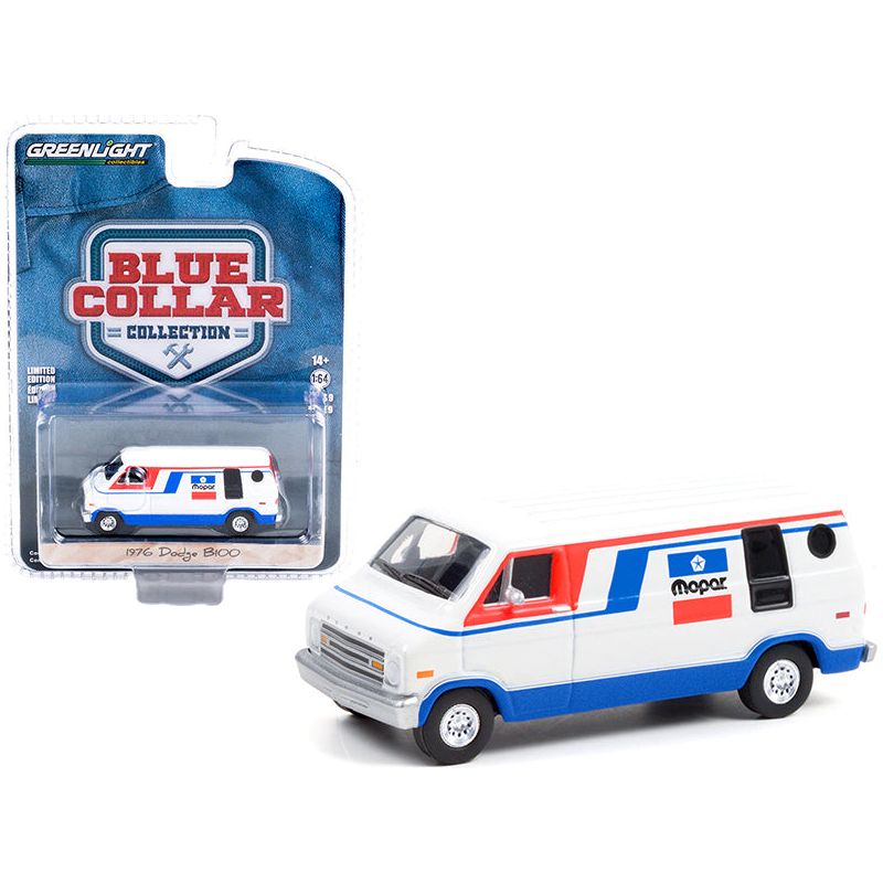 1976 Dodge B100 Van "Mopar" White with Red and Blue Stripes "Blue Collar Collection" Series 9 1/64 Diecast Model Car by Greenlight