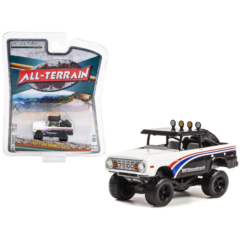 1969 Ford Bronco Baja Black and White with Stripes "BFGoodrich" "All Terrain" Series 13 1/64 Diecast Model Car by Greenlight