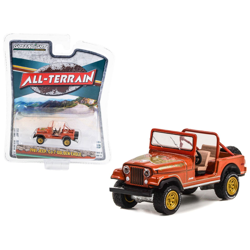 1981 Jeep CJ-7 Golden Eagle Russet Brown Metallic with Graphics "All Terrain" Series 13 1/64 Diecast Model Car by Greenlight