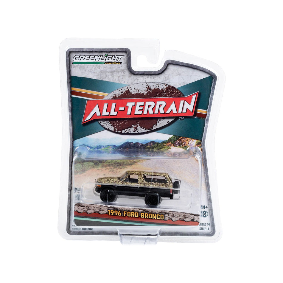 1996 Ford Bronco (Lifted) Custom Matt Black and Camouflage "All Terrain" Series 14 1/64 Diecast Model Car by Greenlight