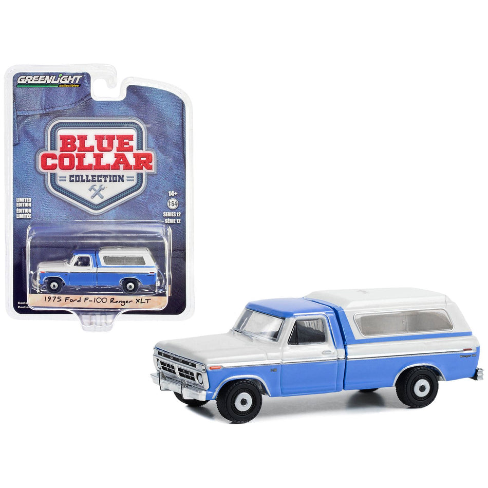 1975 Ford F-100 Ranger XLT Pickup Truck with Camper Shell Wind Blue and Wimbledon White "Blue Collar Collection" Series 12 1/64 Diecast Model Car by Greenlight