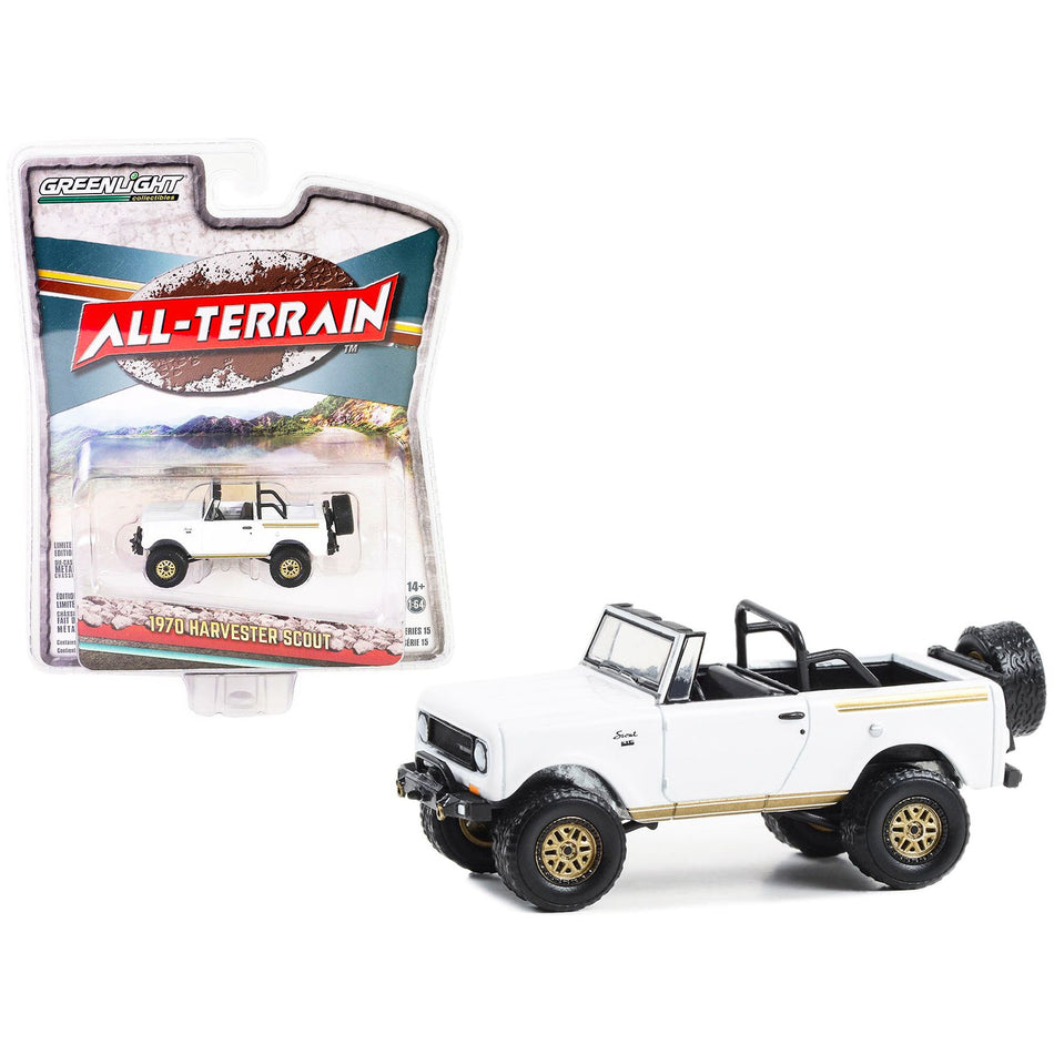 1970 International Harvester Scout Off-Road Version White with Gold Stripes and Wheels "All Terrain" Series 15 1/64 Diecast Model Car by Greenlight