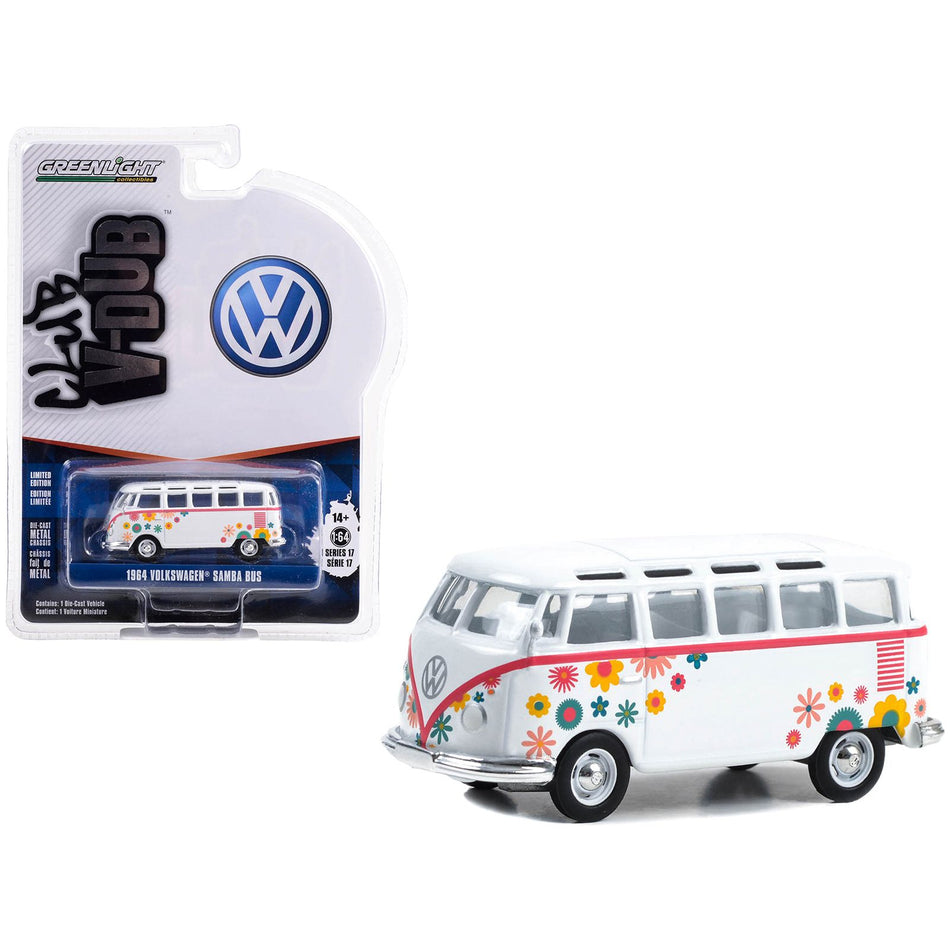 1964 Volkswagen Type 2 (T1) Samba Bus White with Graphics "Flower Power" "Club Vee V-Dub" Series 17 1/64 Diecast Model Car by Greenlight