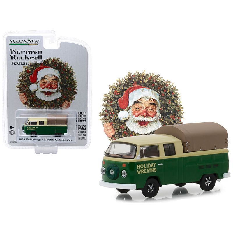 1978 Volkswagen Double Cab Pickup with Canopy "Holiday Wreaths" Green and Yellow "Norman Rockwell Delivery Vehicles" Series 1 1/64 Diecast Model by Greenlight