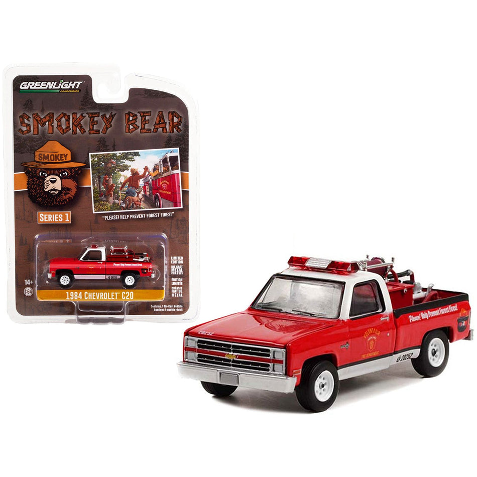 1984 Chevrolet C20 Pickup Truck with Fire Equipment Hose and Tank "Please! Help Prevent Forest Fires!" "Smokey Bear" Series 1 1/64 Diecast Model Car by Greenlight