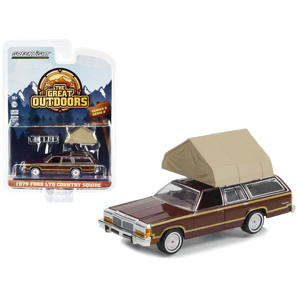 1979 Ford LTD Country Squire Brown with Wood Panels with Camp'otel Cartop Sleeper Tent "The Great Outdoors" Series 2 1/64 Diecast Model Car by Greenlight