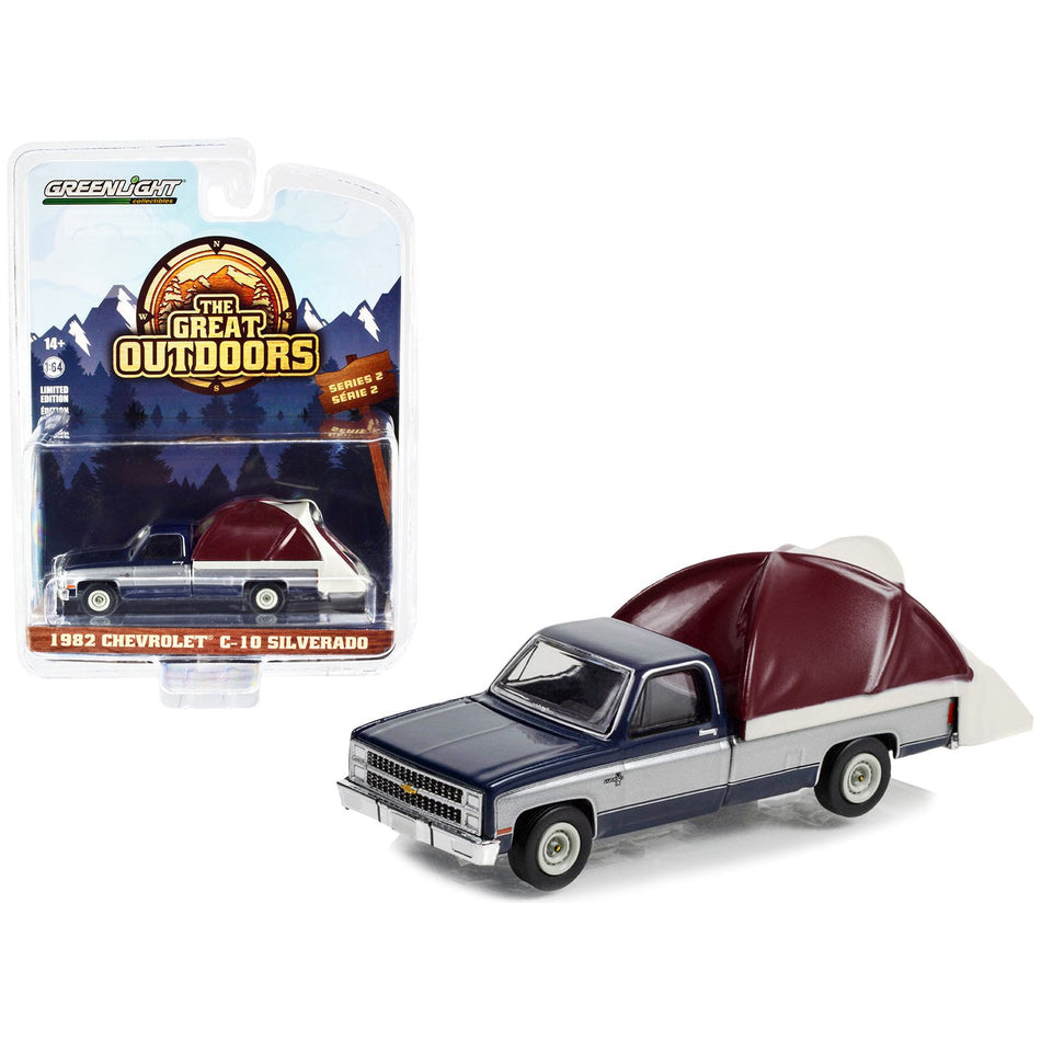 1982 Chevrolet C-10 Silverado Pickup Truck Blue and Silver with Modern Truck Bed Tent "The Great Outdoors" Series 2 1/64 Diecast Model Car by Greenlight