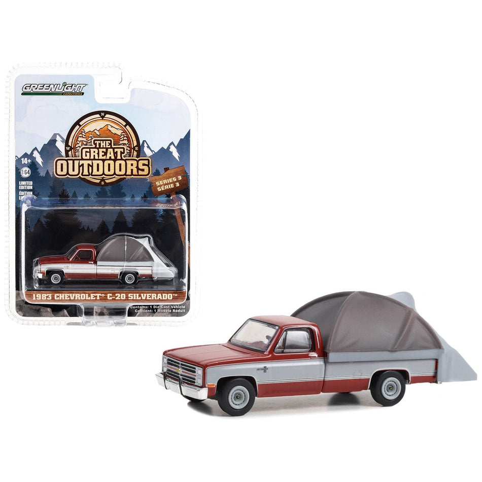 1983 Chevrolet C-20 Silverado Pickup Truck Carmine Red and Silver Metallic with Modern Truck Bed Tent "The Great Outdoors" Series 3 1/64 Diecast Model Car by Greenlight