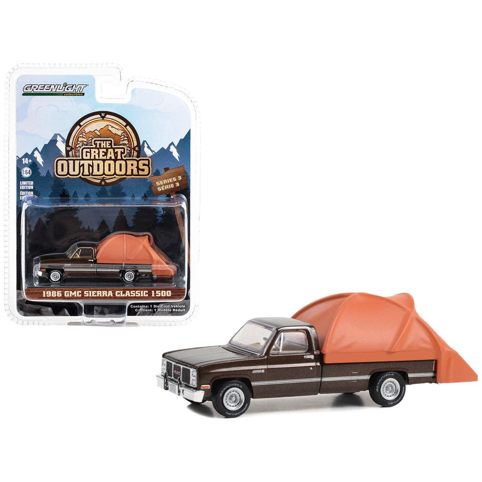 1986 GMC Sierra Classic 1500 Pickup Truck Dark Brown Metallic with Modern Truck Bed Tent "The Great Outdoors" Series 3 1/64 Diecast Model Car by Greenlight