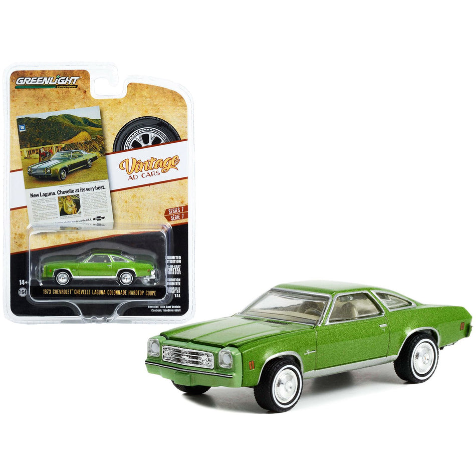 1973 Chevrolet Chevelle Laguna Colonnade Hardtop Coupe Green Metallic "New Laguna. Chevelle At Its Very Best" "Vintage Ad Cars" Series 7 1/64 Diecast Model Car by Greenlight