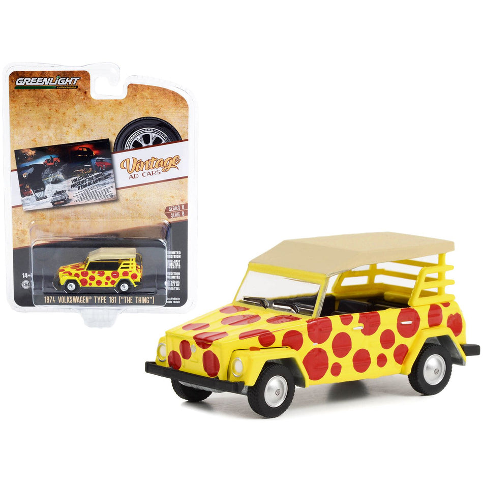 1974 Volkswagen Thing Type 181 Yellow with Red Polka Dots "Volkswagen Presents The Thing. It Can Be Anything!!!" "Vintage Ad Cars" Series 8 1/64 Diecast Model Car by Greenlight