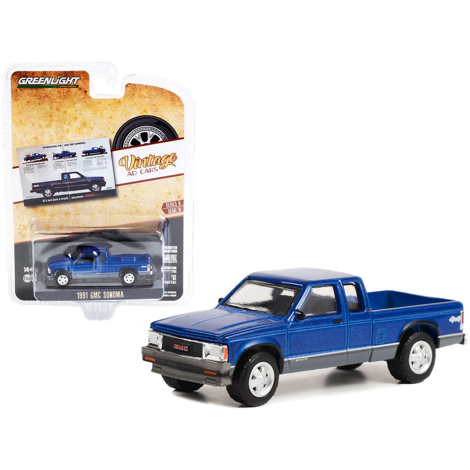 1991 GMC Sonoma Pickup Truck Blue Metallic and Gray "It's Not Just A Truck Anymore" "Vintage Ad Cars" Series 8 1/64 Diecast Model Car by Greenlight