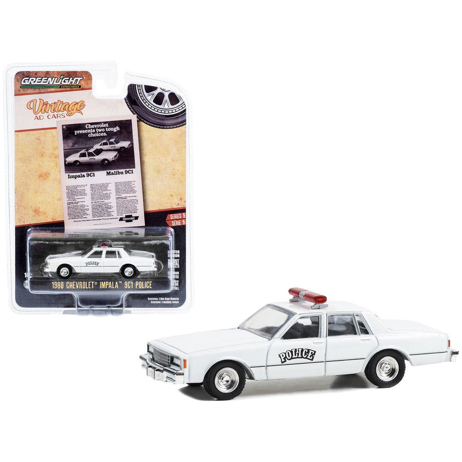 1980 Chevrolet Impala 9C1 Police White "Chevrolet Presents Two Tough Choices" "Vintage Ad Cars" Series 9 1/64 Diecast Model Car by Greenlight