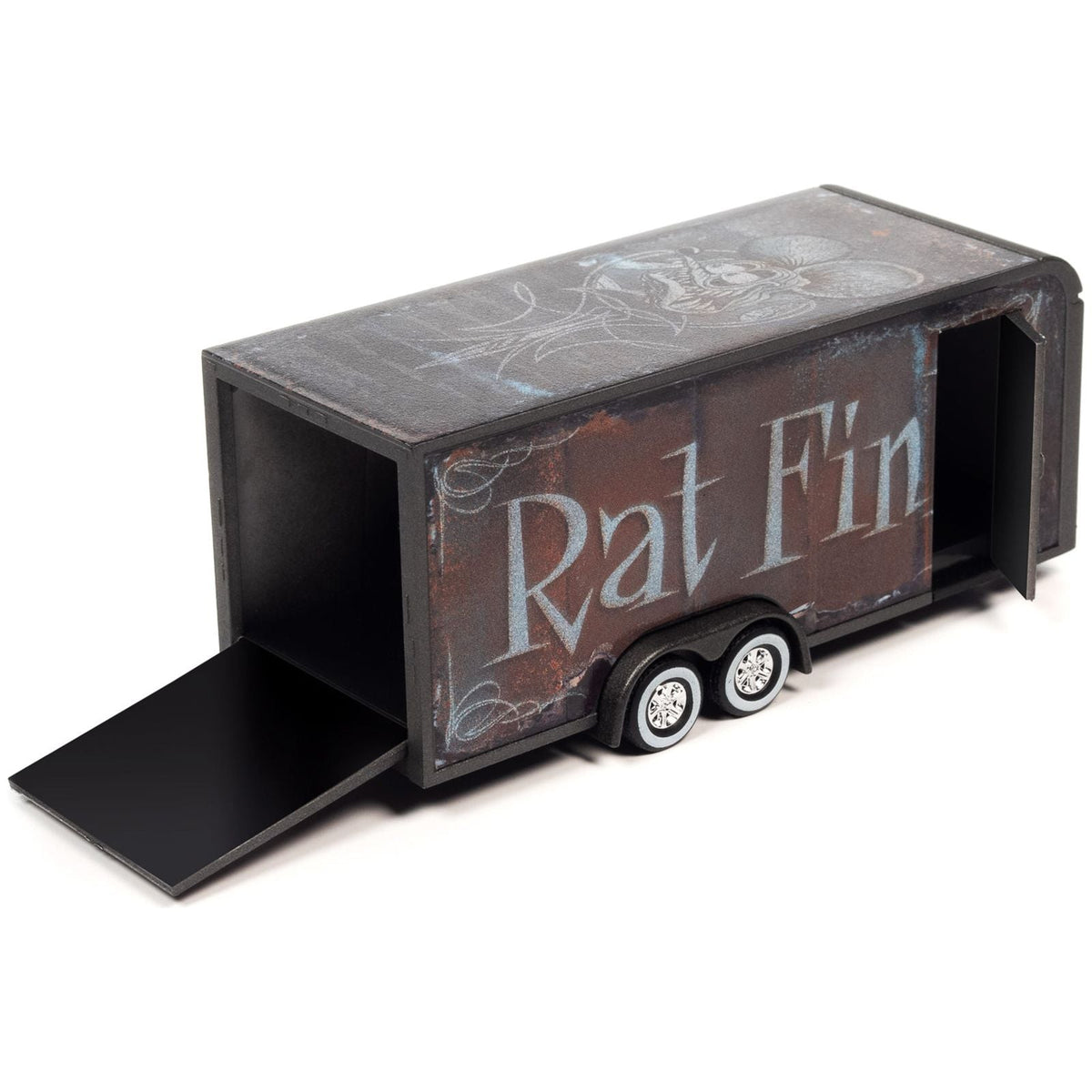 4-Wheel Enclosed Car Trailer Dark Gray with Graphics "Rat Fink" 1/64 Diecast Model by Auto World-Autoworld-ModelCars.com