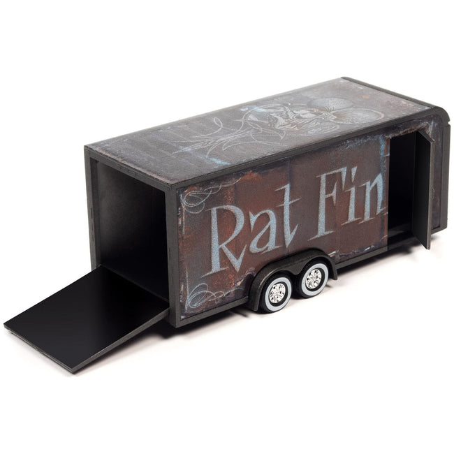 4-Wheel Enclosed Car Trailer Dark Gray with Graphics "Rat Fink" 1/64 Diecast Model by Auto World-Autoworld-ModelCars.com