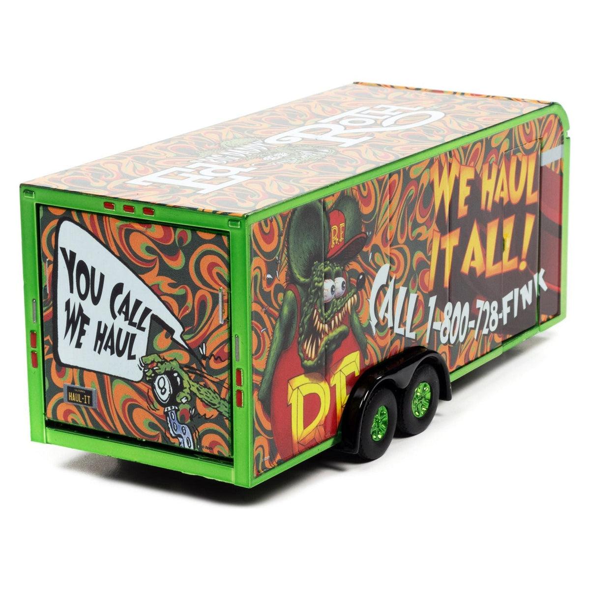 4-Wheel Enclosed Car Trailer Green with Graphics "Rat Fink: We Haul it All!" 1/64 Diecast Model by Auto World-Autoworld-ModelCars.com