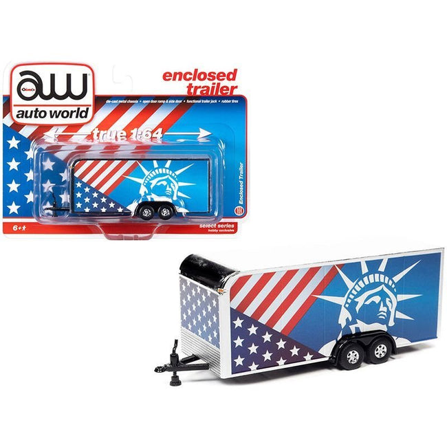 4-Wheel Enclosed Car Trailer Patriotic with Graphics 1/64 Diecast Model by Auto World-Autoworld-ModelCars.com