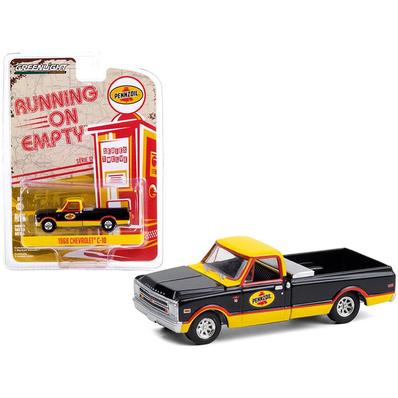 1968 Chevrolet C-10 Pickup Truck with Toolbox "Pennzoil" Black and Yellow "Running on Empty" Series 12 1/64 Diecast Model Car by Greenlight