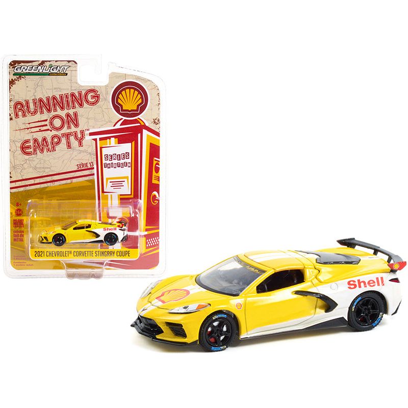 2021 Chevrolet Corvette C8 Stingray Coupe "Shell Oil" Yellow and White "Running on Empty" Series 13 1/64 Diecast Model Car by Greenlight